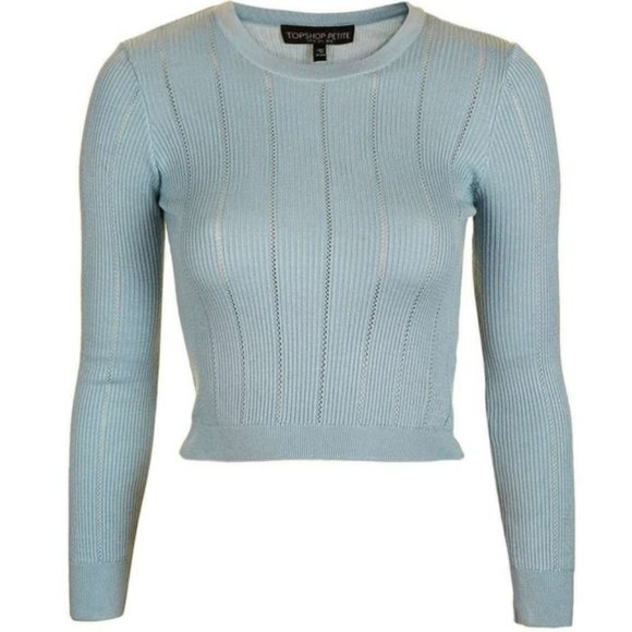 Topshop Petite Pointelle Stitch Crop Knit Top, blue, size US 6 - Picture 1 of 5